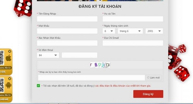 Thông Tin Nhà Cái VN88 41 Biểu mẫu đăng ký tài khoản mà người chơi cần điền vào