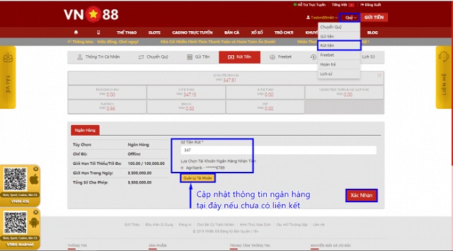 Thông Tin Nhà Cái VN88 45 Thực hiện thao tác cung cấp thông tin rút tiền tại nhà cái VN88