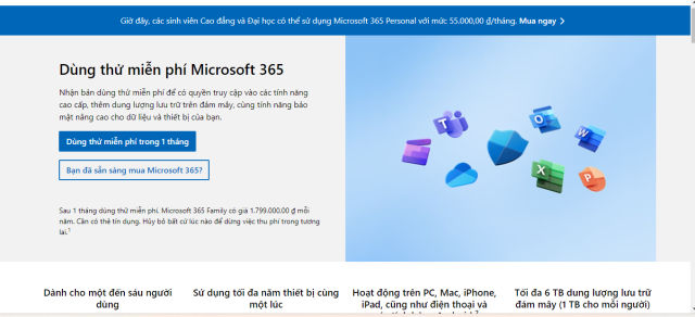 Đăng ký dùng thử Microsoft 365 trong vòng 1 tháng 