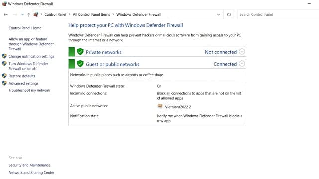 Chọn Windows Defender Firewall để sang bước tiếp theo