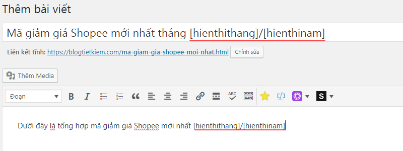 Sử dụng shortcode Cập nhật tự động ngày tháng năm trong tiêu đề