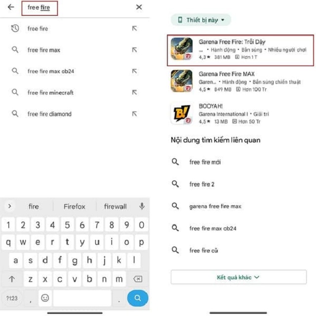 Nhập Free Fire trên thanh tìm kiếm rồi nhấp vào biểu tượng kính lúp