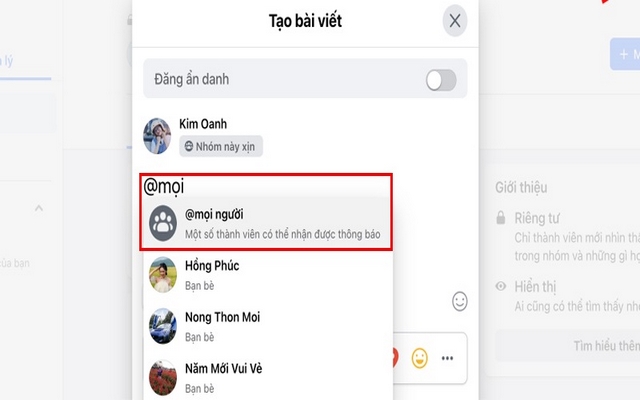 Tag mọi người trên bài đăng của nhóm