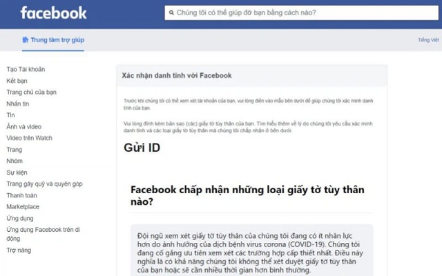 Xác thực bằng ID là cách lấy lại facebook không cần mã xác nhận