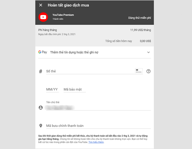 Youtube hỗ trợ nhiều phương thức thanh toán để mua gói cước