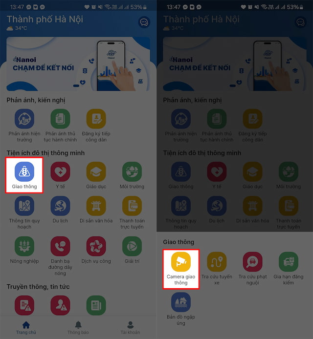 Chọn mục Giao thông --> Camera giao thông